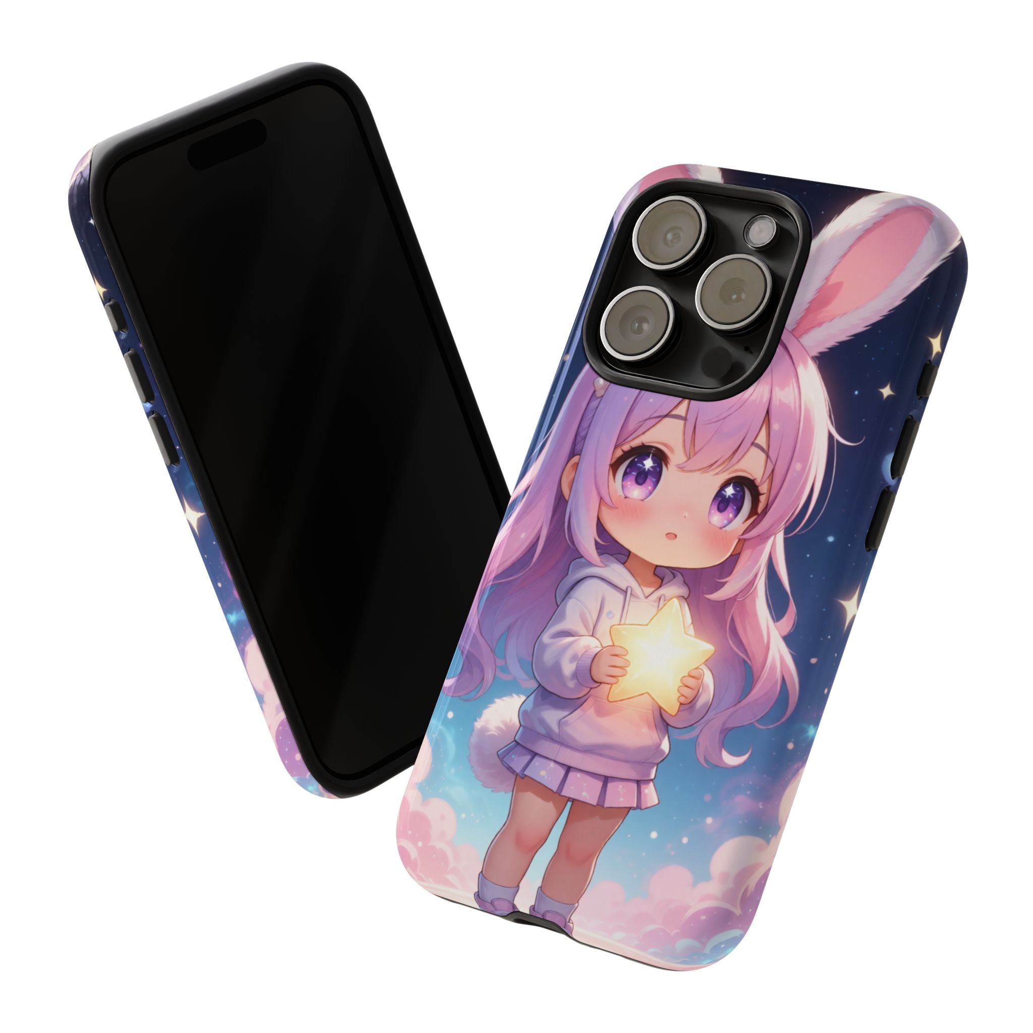 Cute Bunny Girl Phone Case – Kawaii Star Night Aesthetic Hard Shell