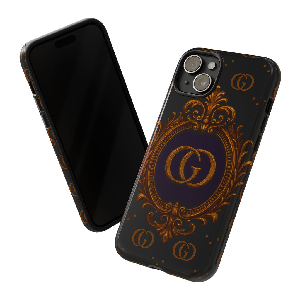 Luxury Ornate Monogram Phone Case – GIORMA™ Gold Emblem Baroque Glossy Hard Shell