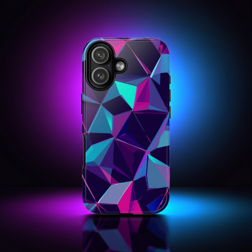 Geometric Neon Prism Phone Case – Purple & Blue Abstract Pattern Hard Shell