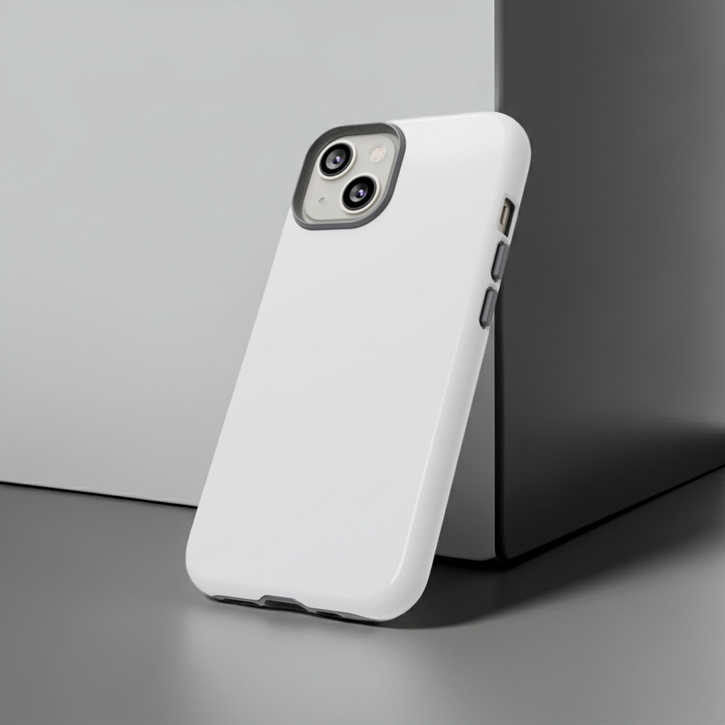 White phone case on a gray surface with a neutral background