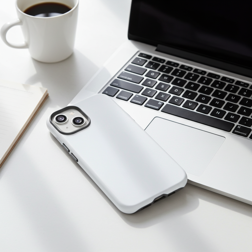 Phone with white case on a desk next to a laptop and coffee cup