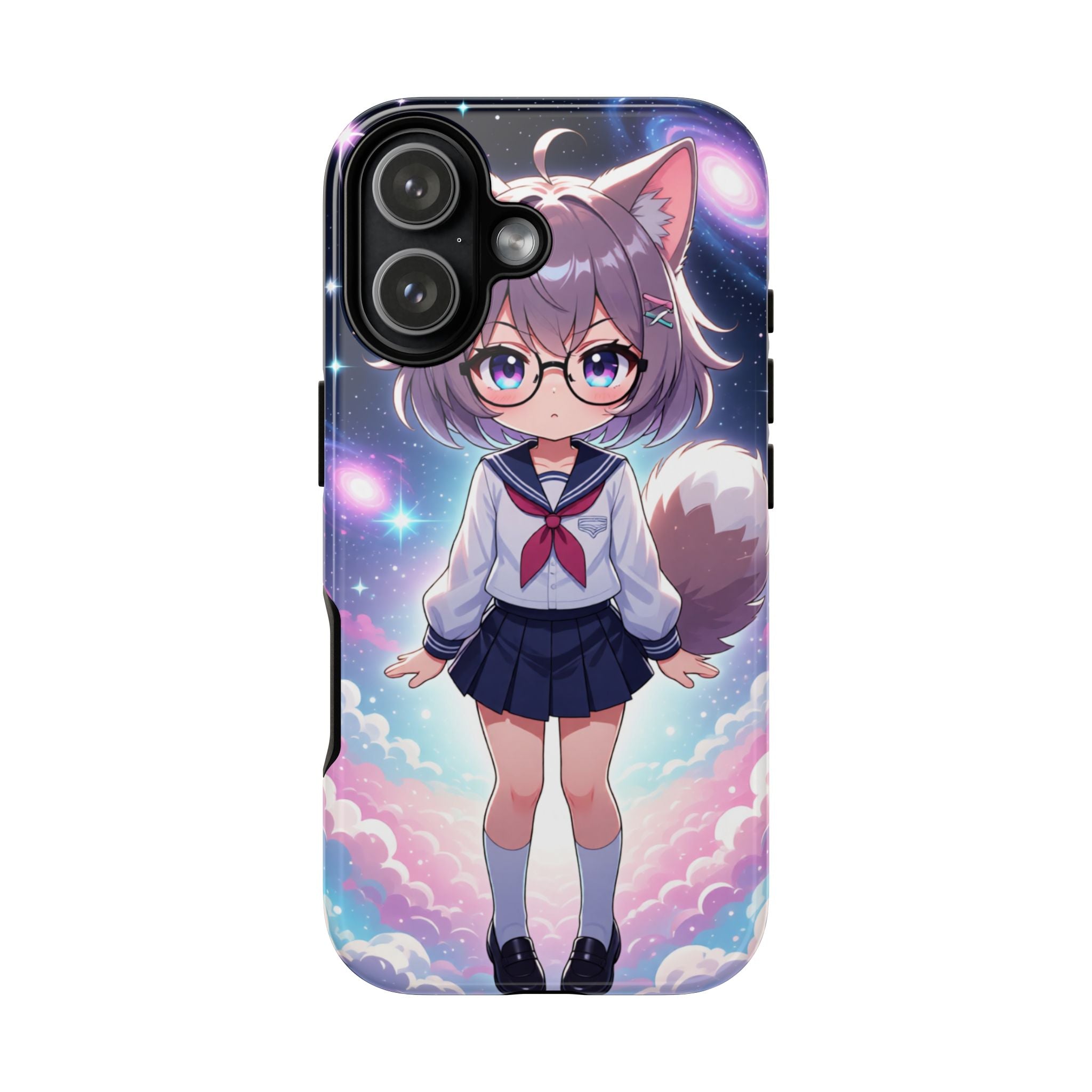Anime chibi girl phone case with kawaii cosmic cat‑ear character in glossy finish
