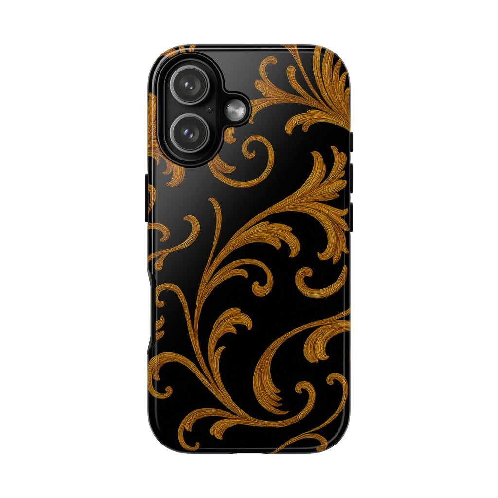 Baroque gold scroll phone case with elegant black and gold GIORMA glossy hard shell design
