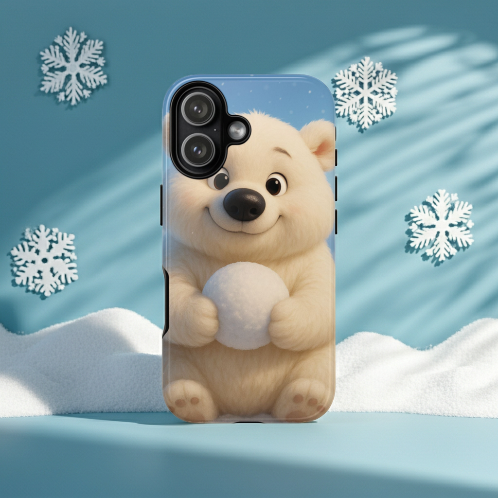 Cute Polar Bear Phone Case – Kawaii Winter Snowball Cartoon Blue Glossy Hard Shell