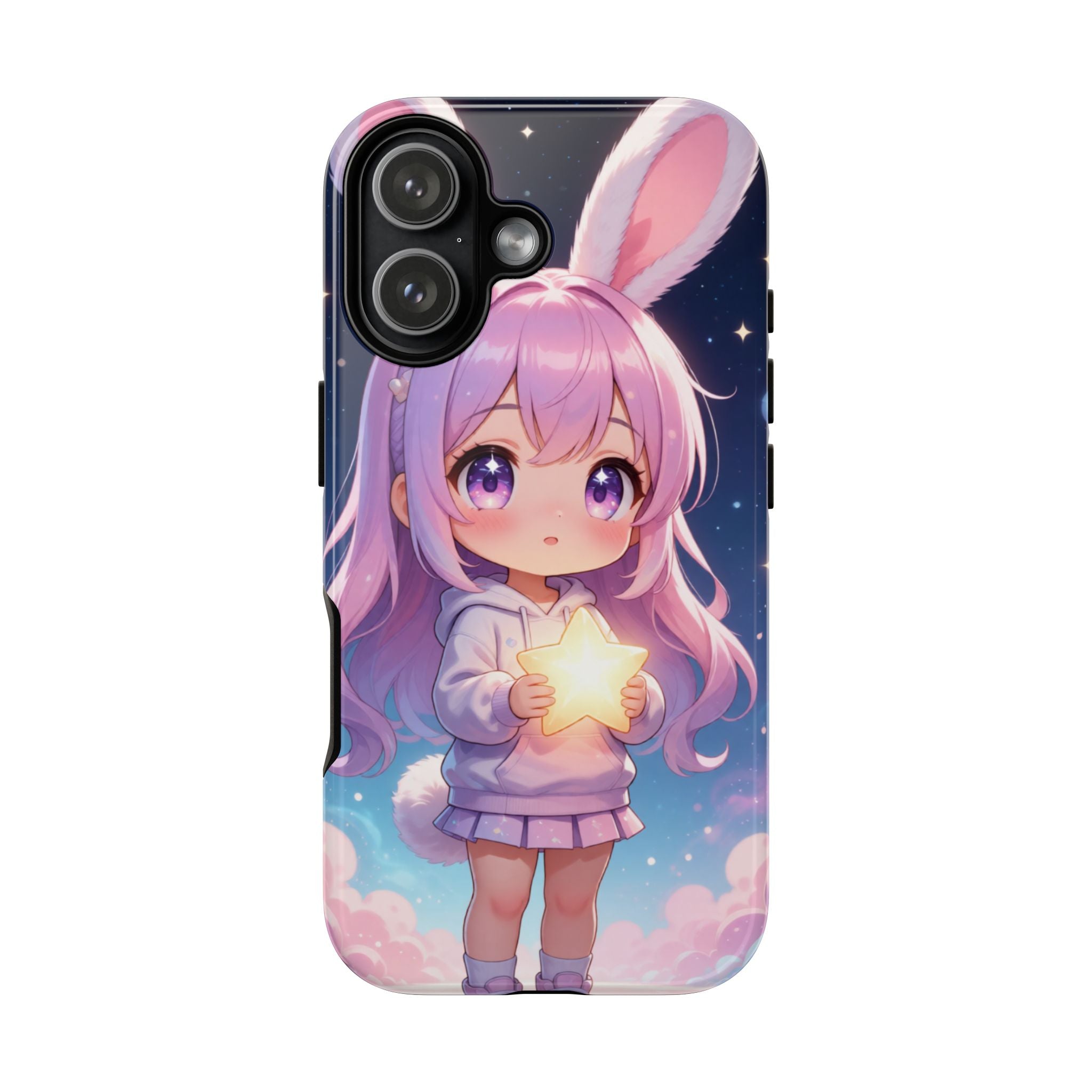 Kawaii bunny girl phone case with chibi character holding a glowing star against a pastel night sky in glossy hard shell design
