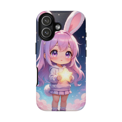 Kawaii bunny girl phone case with chibi character holding a glowing star against a pastel night sky in glossy hard shell design
