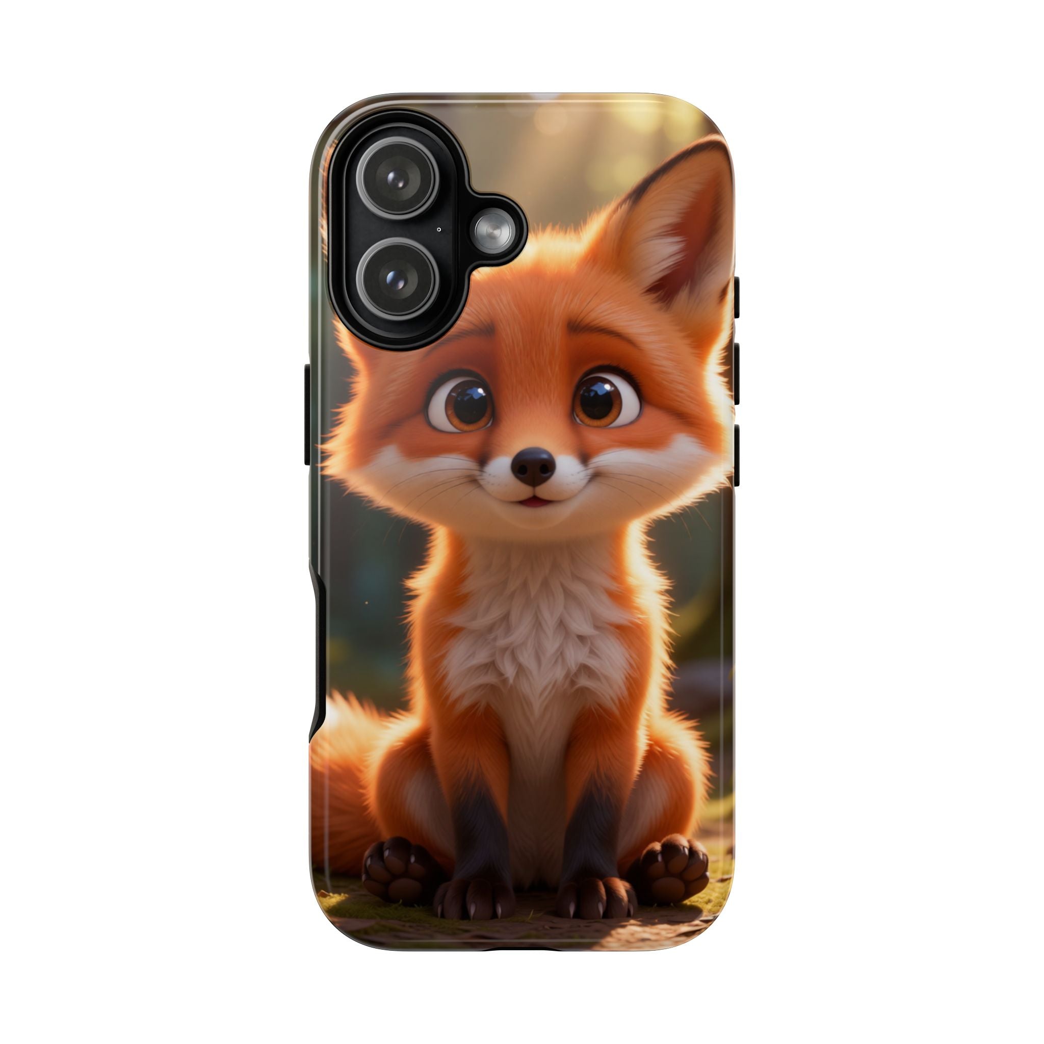 Cute fox phone case featuring an expressive cartoon fox cub sitting among soft autumn leaves in a glossy hard shell design
