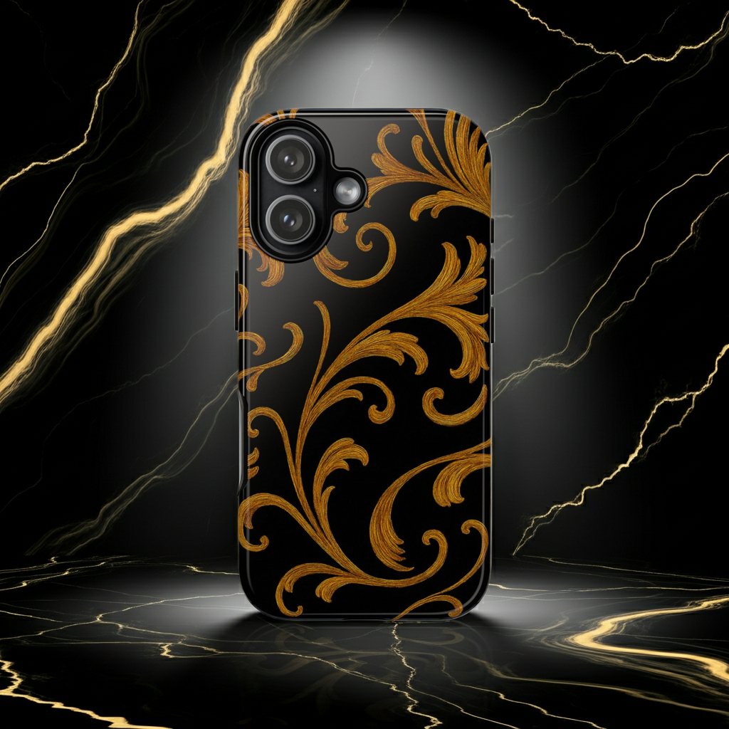 Baroque Gold Scroll Phone Case – GIORMA™ Elegant Black & Gold Hard Shell