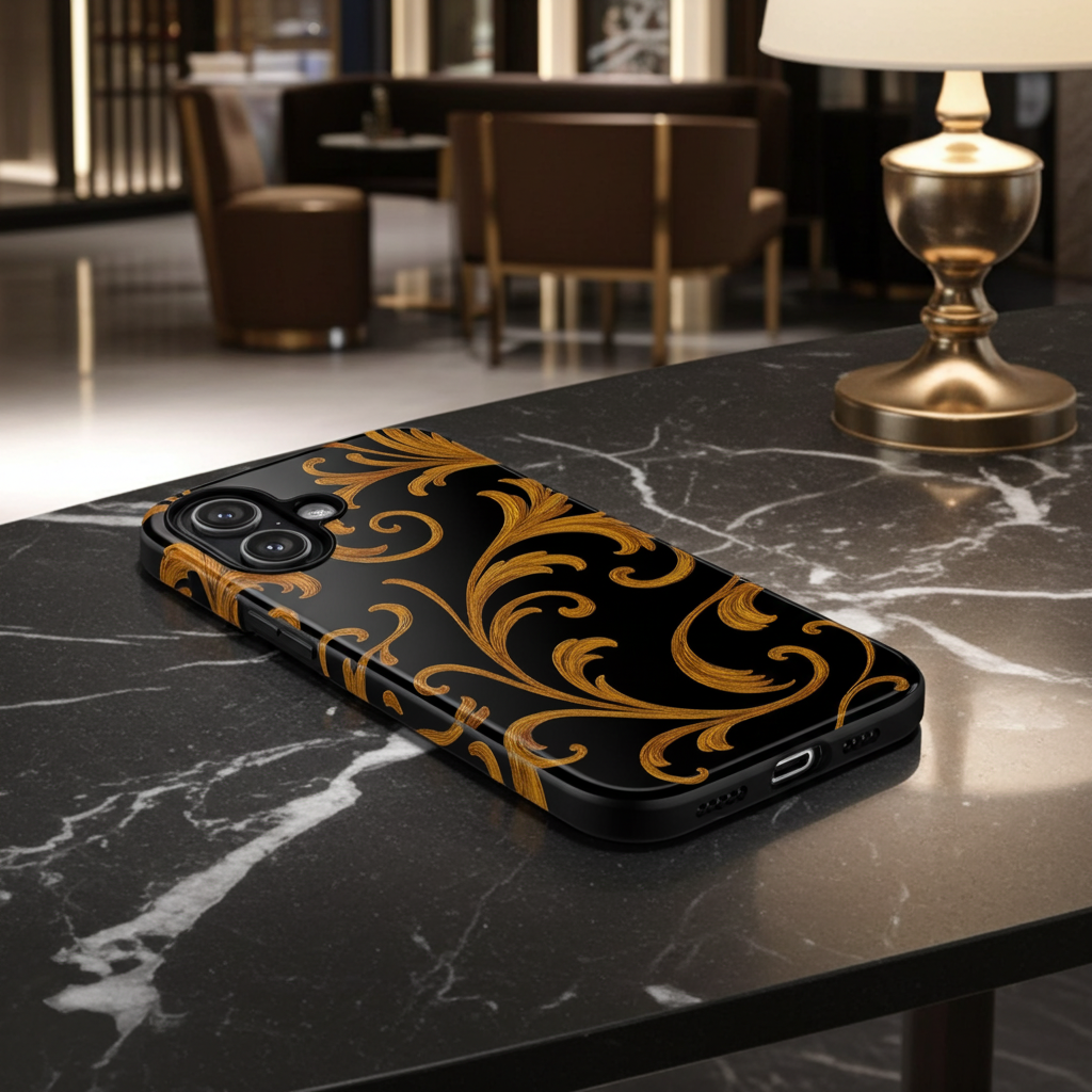 Baroque Gold Scroll Phone Case – GIORMA™ Elegant Black & Gold Hard Shell