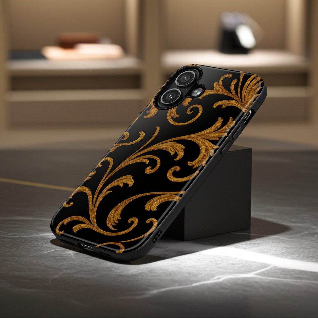 Baroque Gold Scroll Phone Case – GIORMA™ Elegant Black & Gold Hard Shell