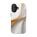 Elegant gold wave phone case with flowing metallic gold and pearly white abstract pattern on a glossy black hard shell design