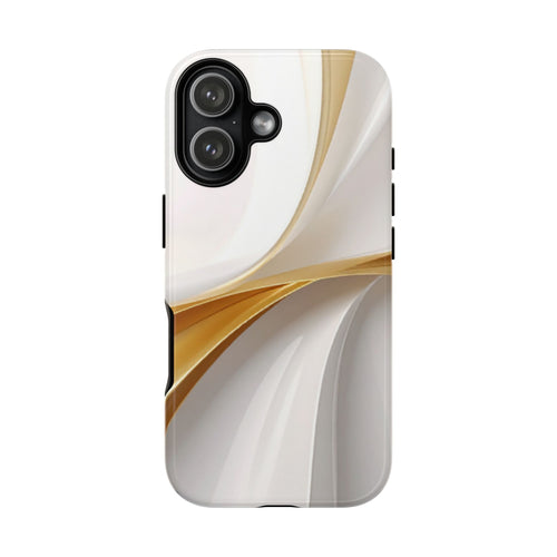 Elegant gold wave phone case with flowing metallic gold and pearly white abstract pattern on a glossy black hard shell design