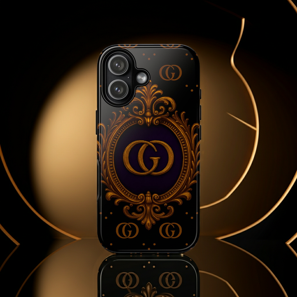 Luxury Ornate Monogram Phone Case – GIORMA™ Gold Emblem Baroque Glossy Hard Shell