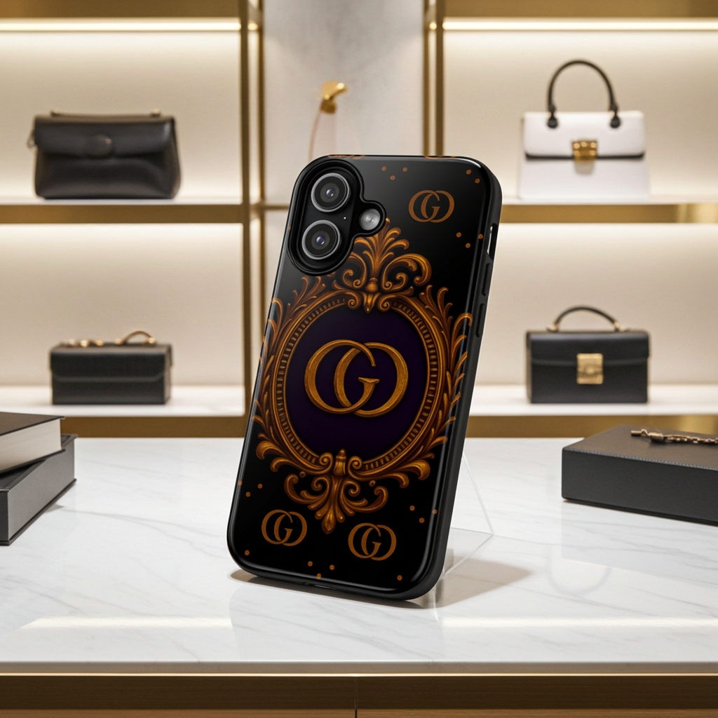 Luxury Ornate Monogram Phone Case – GIORMA™ Gold Emblem Baroque Glossy Hard Shell