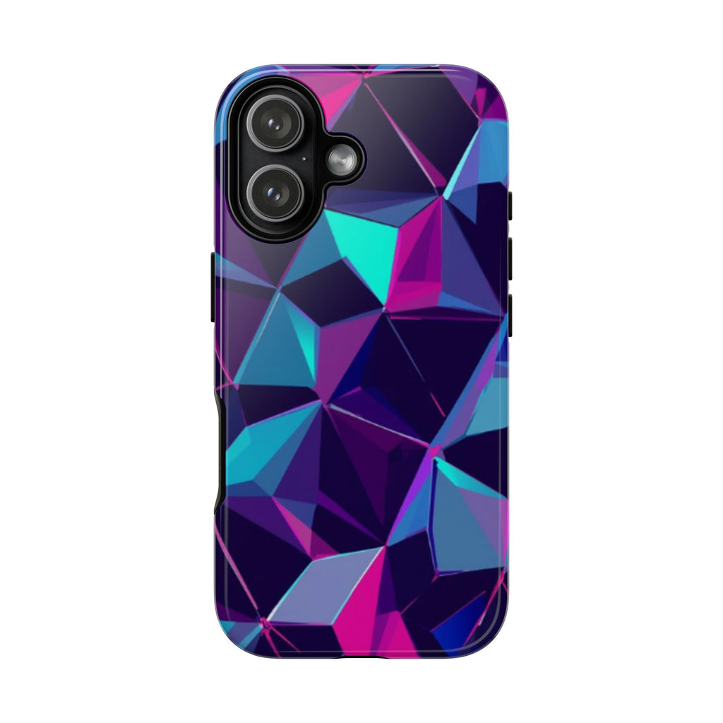 Geometric neon prism phone case with purple and blue abstract glowing pattern in glossy hard shell design
