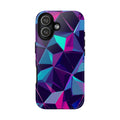 Geometric neon prism phone case with purple and blue abstract glowing pattern in glossy hard shell design
