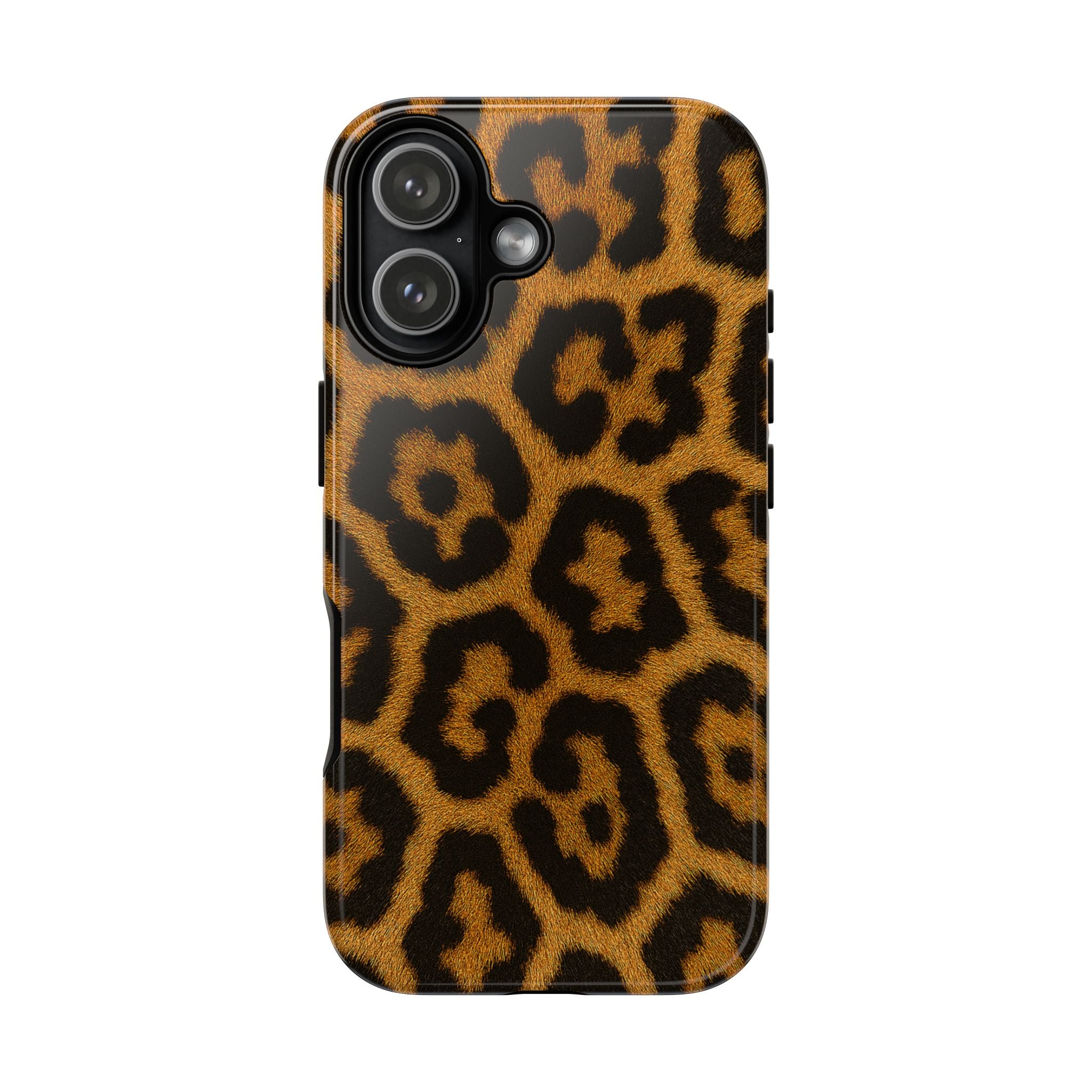 Leopard print phone case with bold safari aesthetic in glossy hard shell finish
