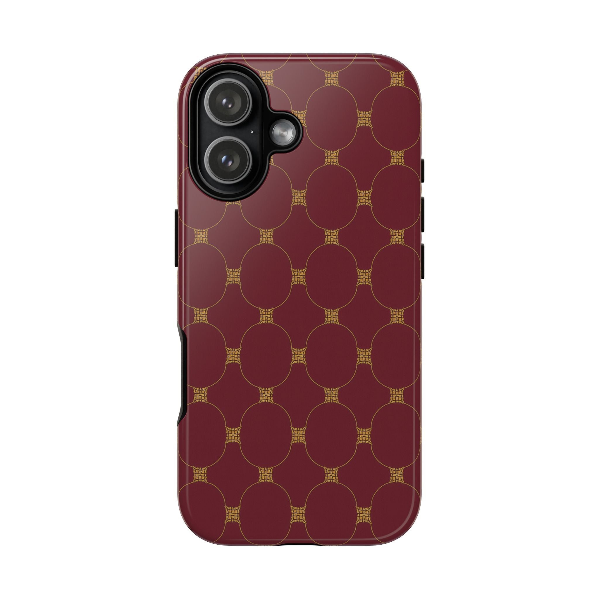Luxury geometric phone case with burgundy and gold circle pattern in glossy GIORMA hard shell design
