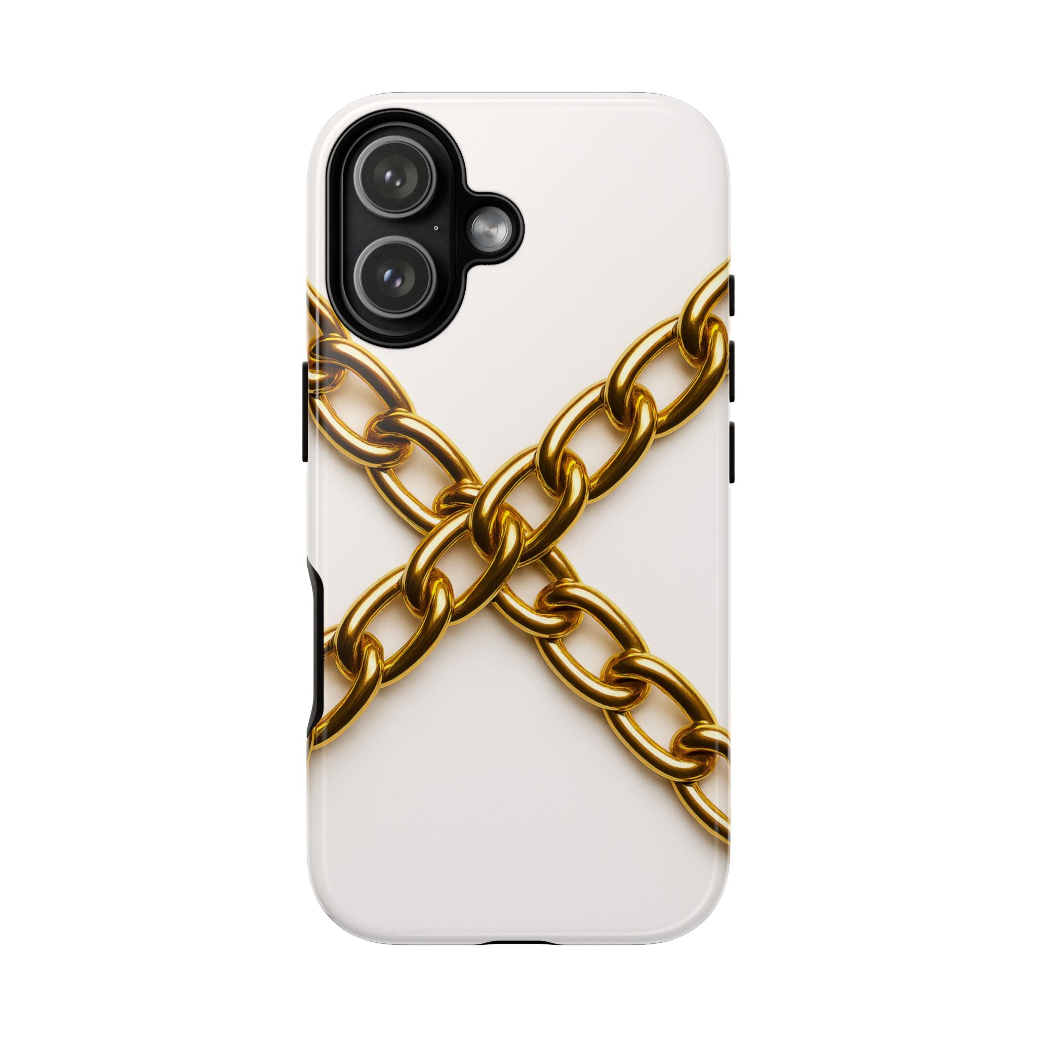 Luxury gold chain phone case with GIORMA white aesthetic glossy design
