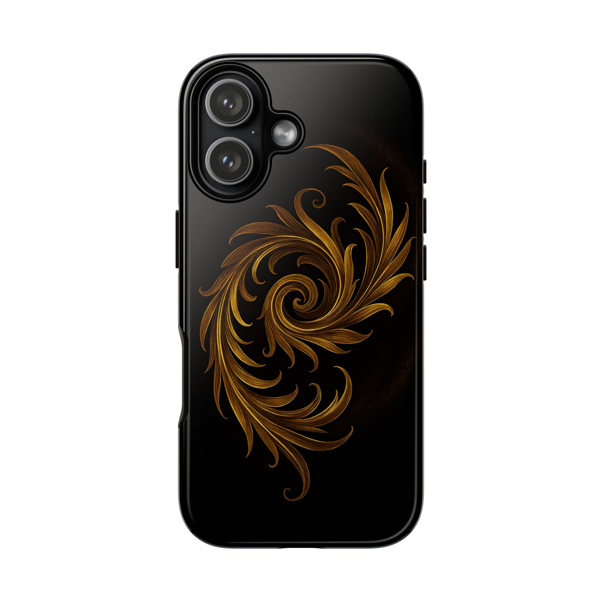 Luxury gold ornamental phone case with black baroque swirl design in glossy hard shell finish
