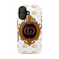 Luxury monogram phone case with GIORMA ornate white and gold crest glossy hard shell design
