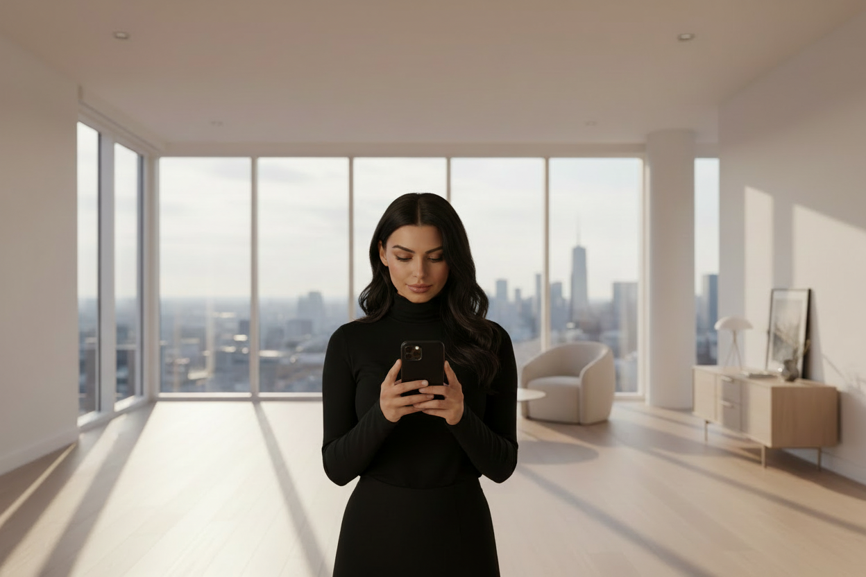Woman using a smartphone with a luxury monogram hard polycarbonate phone case in a modern, light‑filled living room with city skyline views.