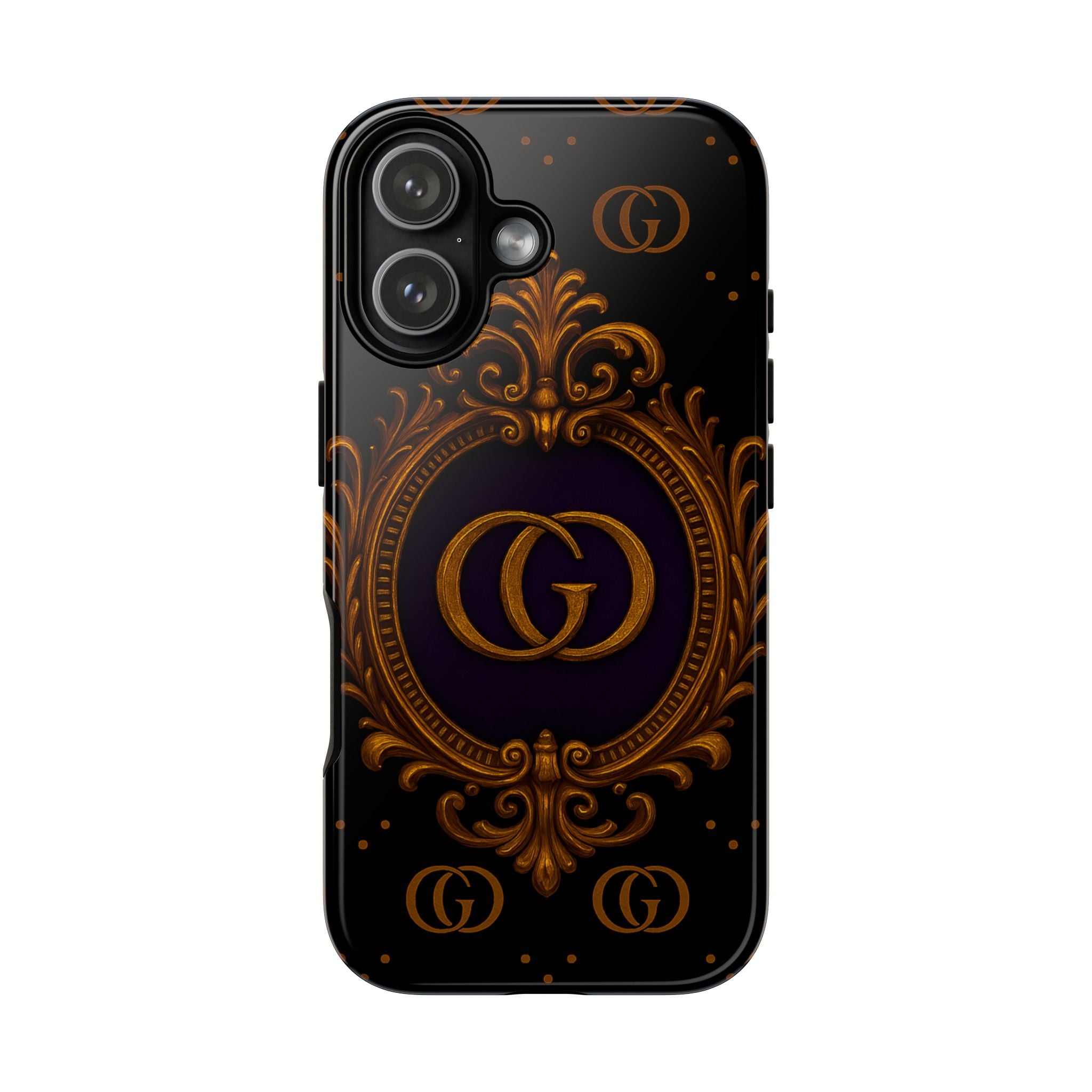 Luxury ornate monogram phone case with GIORMA gold emblem and baroque glossy black design
