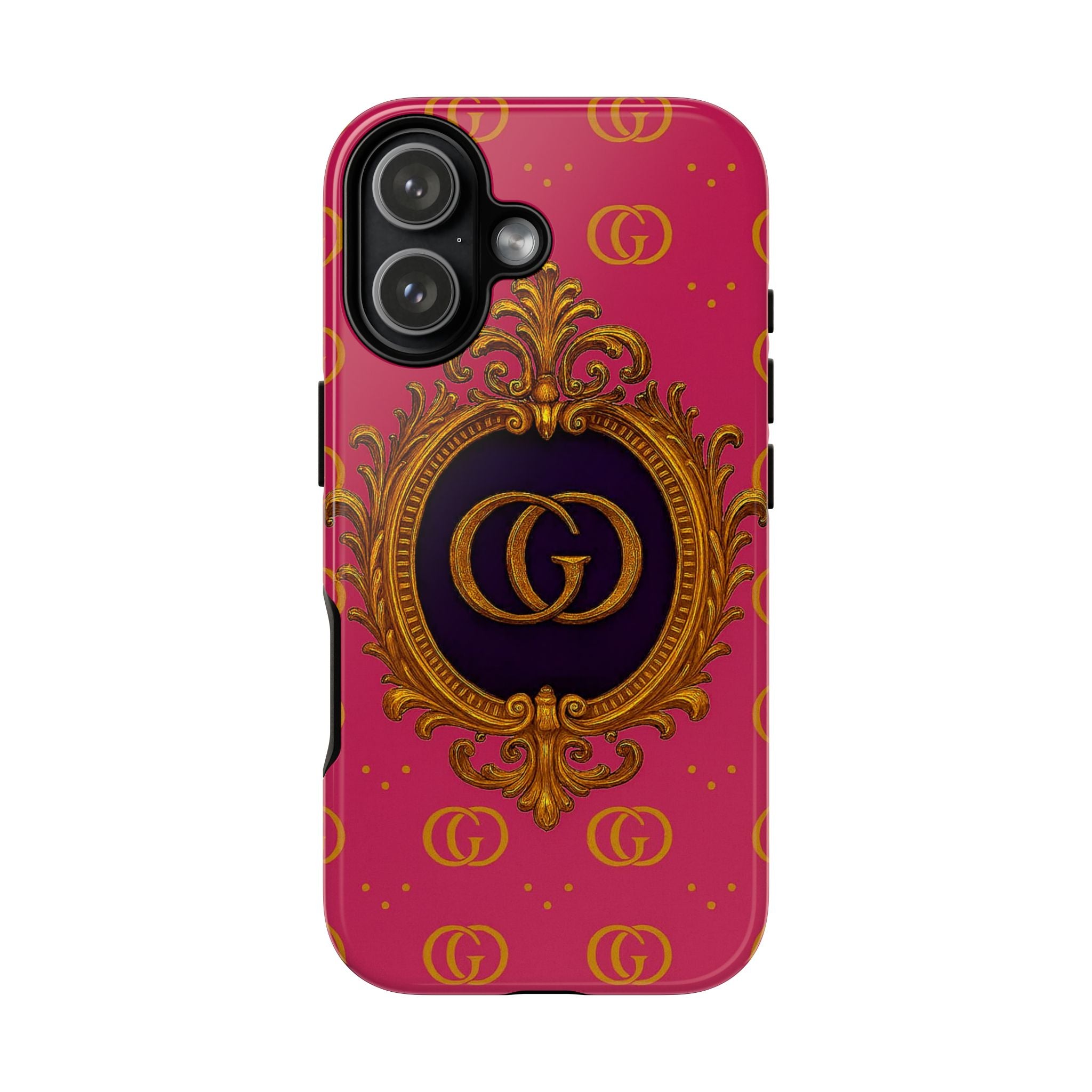 Luxury pink monogram phone case with GIORMA gold crest designer‑inspired glossy hard shell design
