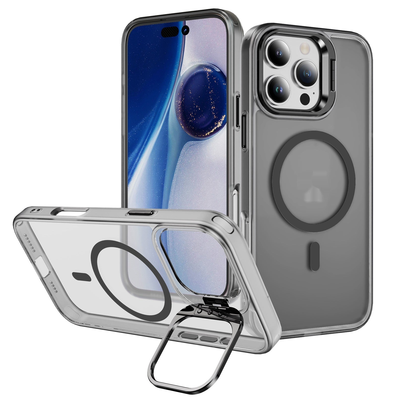 Magnetic phone case with MagSafe ring and raised lens bracket for enhanced camera protection in a durable hard shell design
