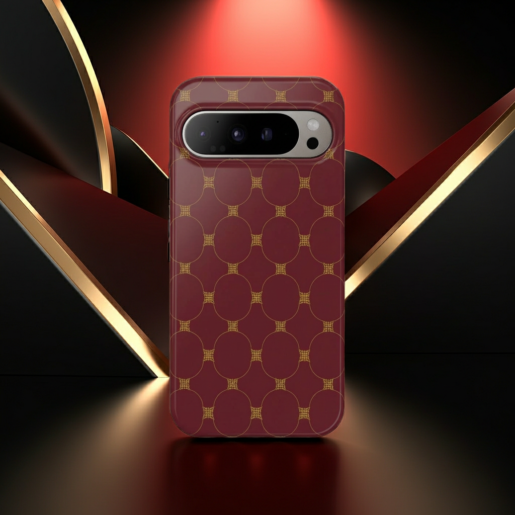 Luxury Geometric Phone Case — GIORMA™ Burgundy & Gold Circle Pattern Hard Shell