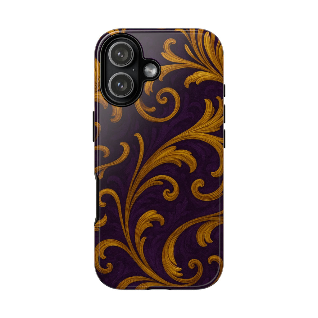 Ornate golden flourish phone case with purple and gold GIORMA baroque hard shell design
