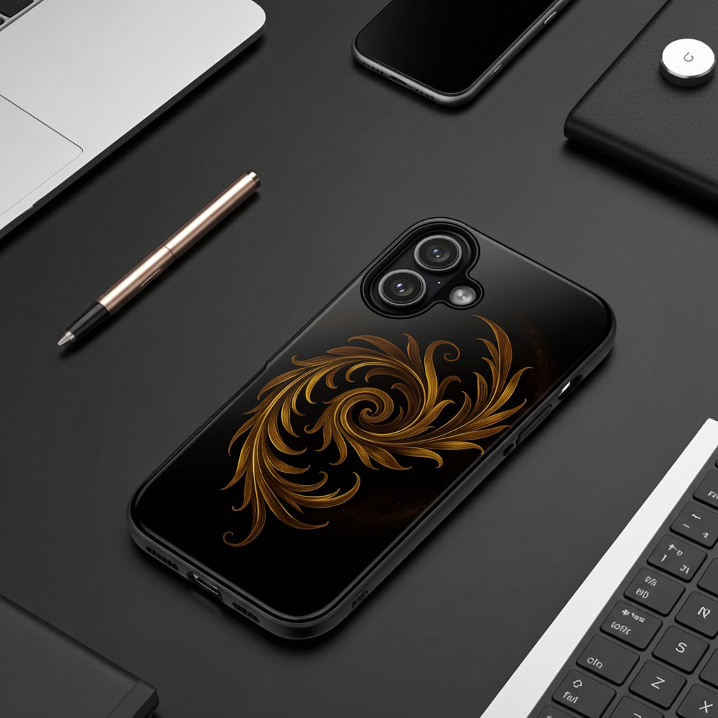 Luxury Gold Ornamental Phone Case – Black Baroque Swirl Glossy Hard Shell