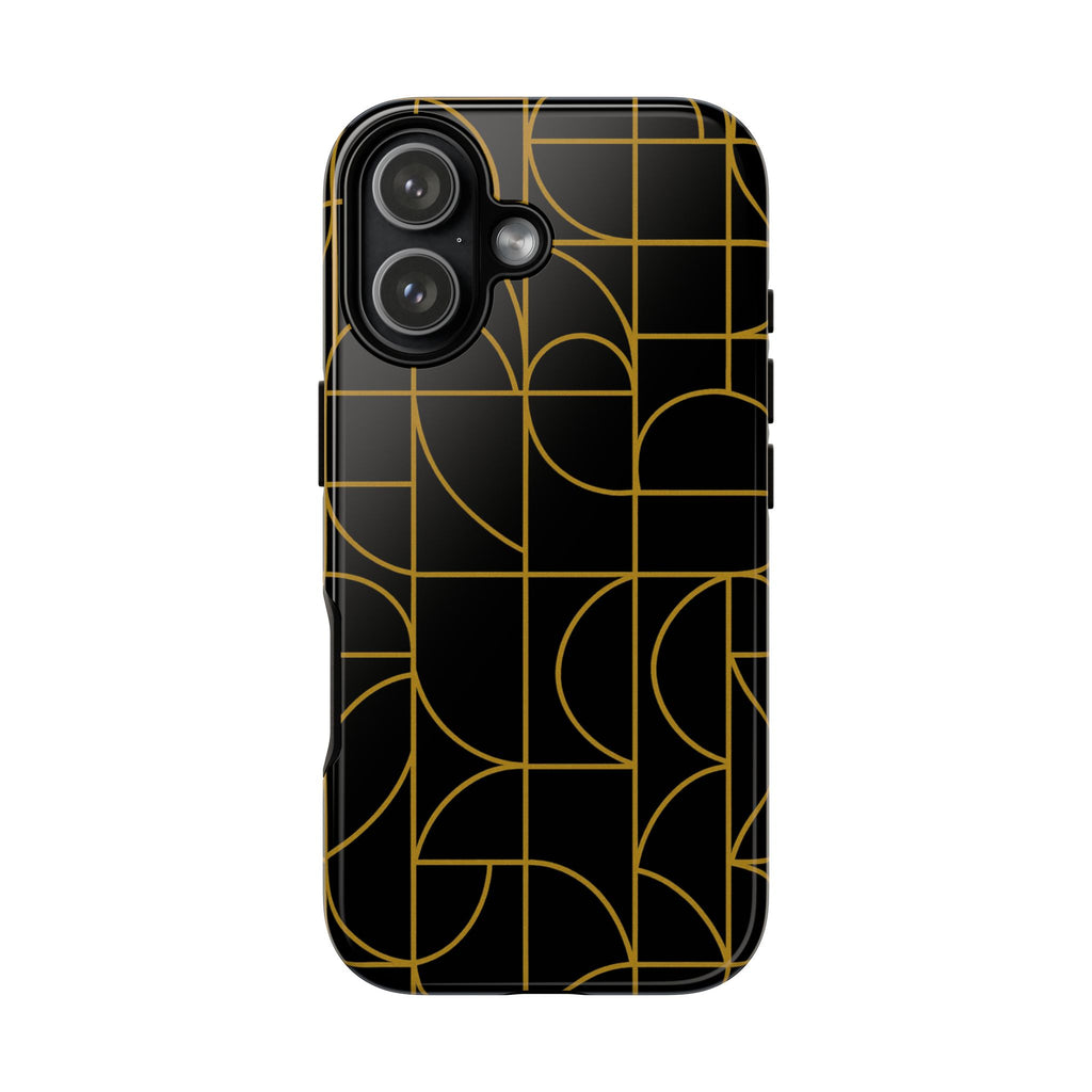 GIORMA signature geometry phone case with black and gold architectural linework in glossy hard shell design
