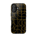GIORMA signature geometry phone case with black and gold architectural linework in glossy hard shell design
