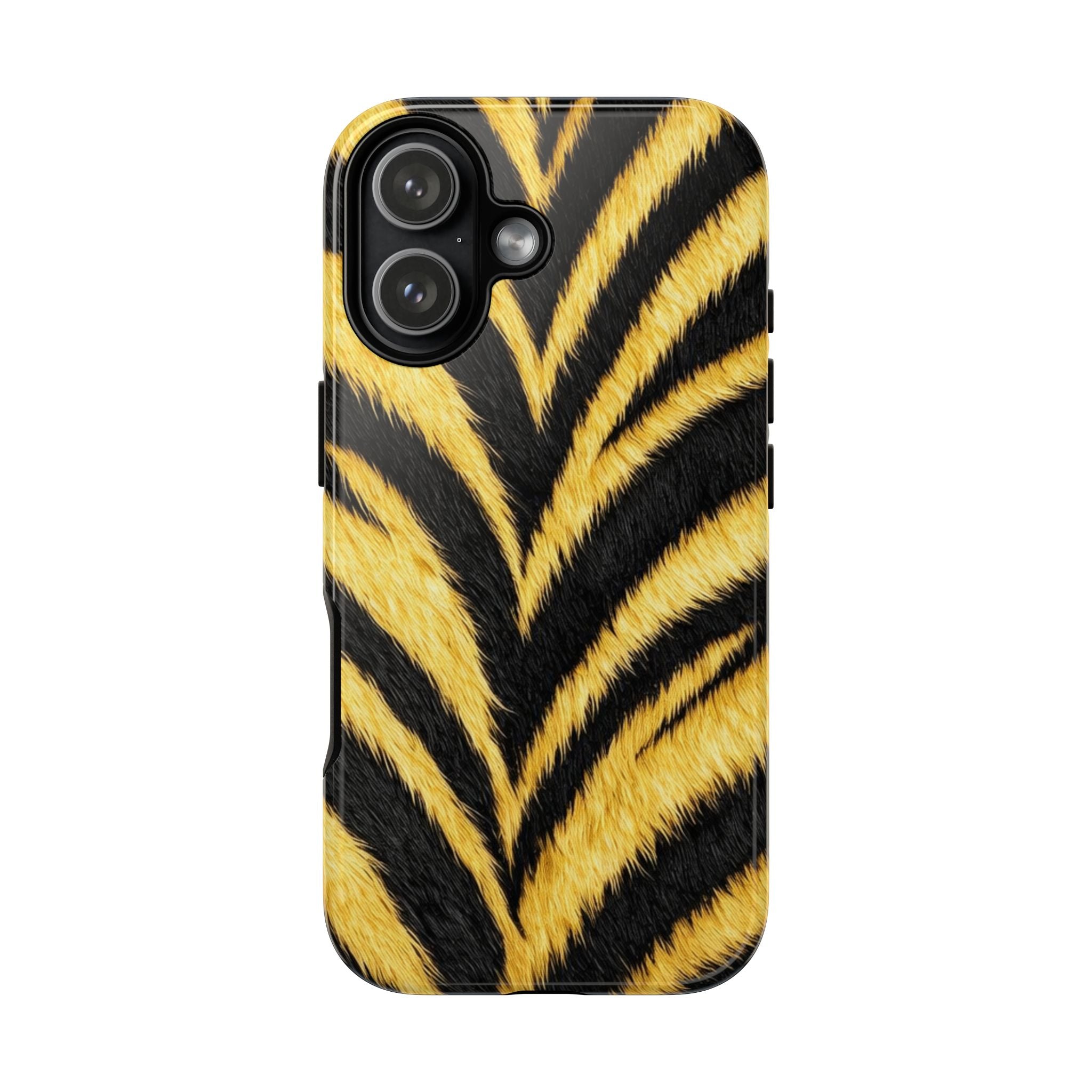 Tiger stripe print phone case with bold gold and black safari pattern in glossy hard shell design

