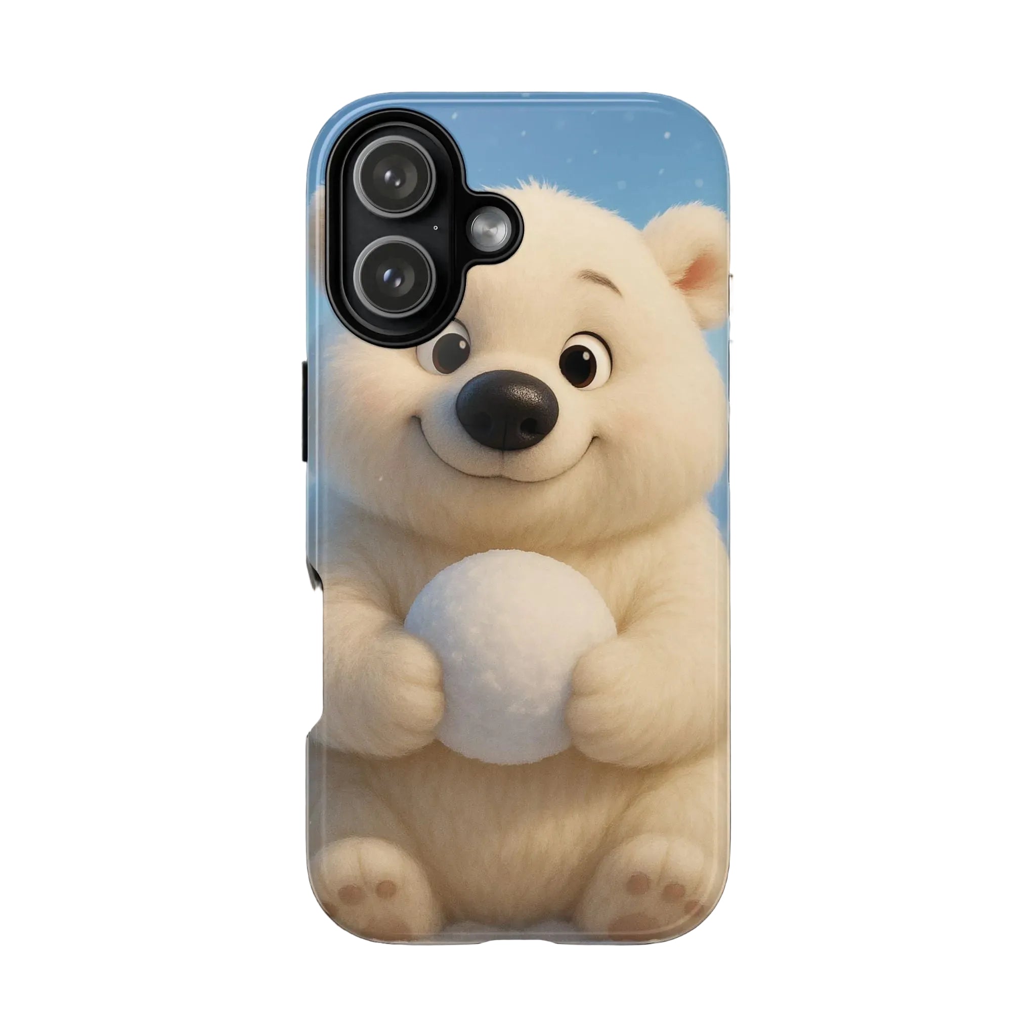 Cute polar bear phone case with winter snowball design – glossy blue hard shell