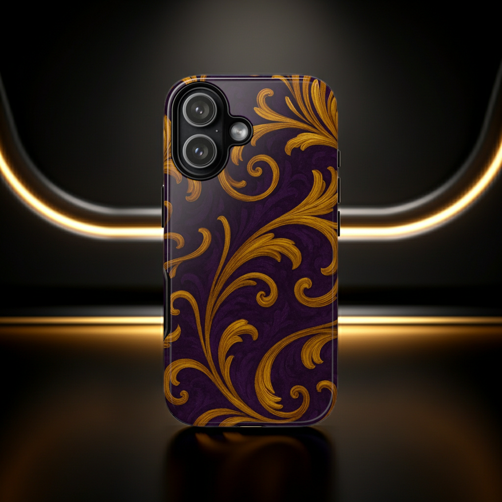 Ornate Golden Flourish Phone Case – GIORMA™ Purple & Gold Baroque Hard Shell