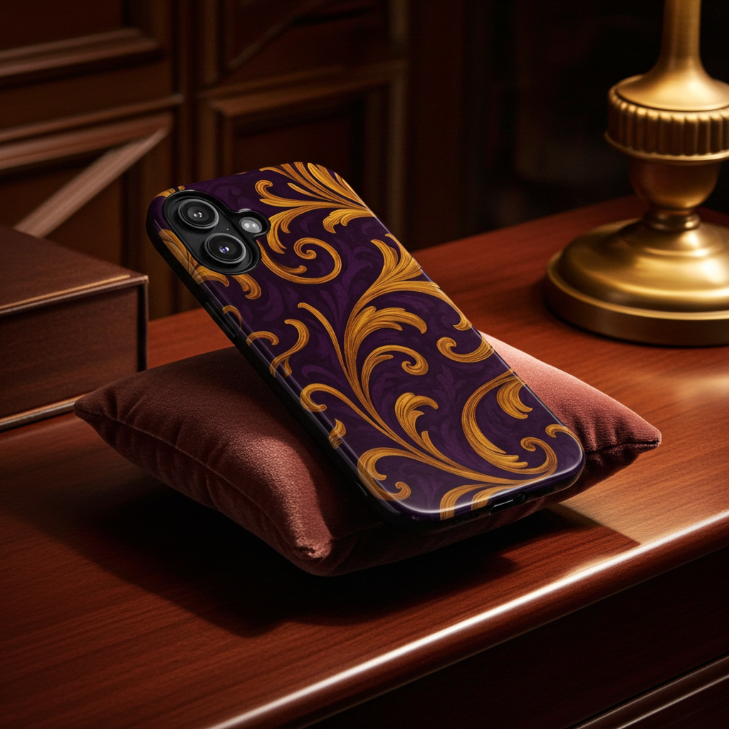 Ornate Golden Flourish Phone Case – GIORMA™ Purple & Gold Baroque Hard Shell