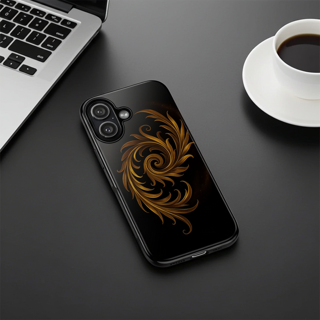 Luxury Gold Ornamental Phone Case – Black Baroque Swirl Glossy Hard Shell