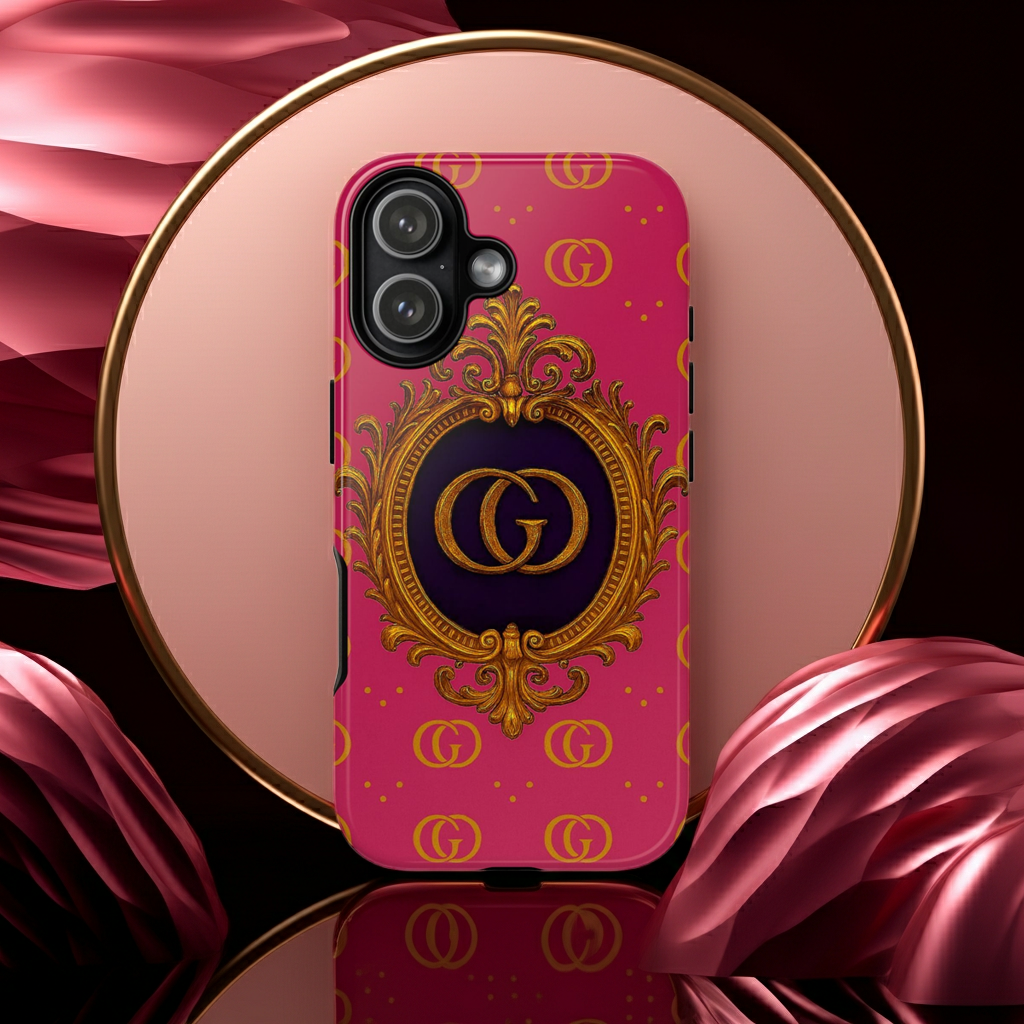 Luxury Pink Monogram Phone Case – GIORMA™ Gold Crest Designer‑Inspired Hard Shell