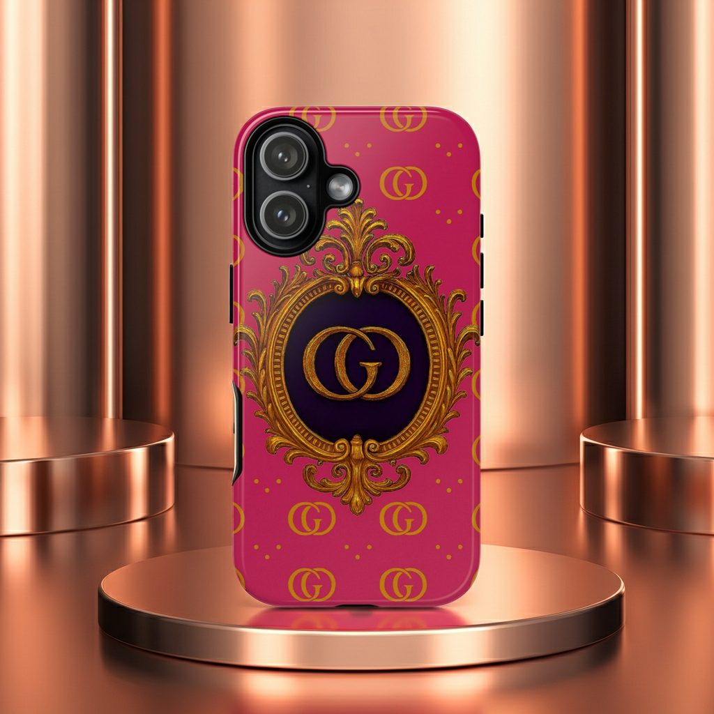 Luxury Pink Monogram Phone Case – GIORMA™ Gold Crest Designer‑Inspired Hard Shell