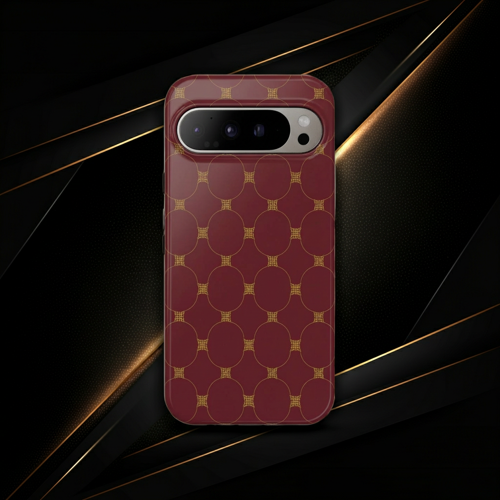 Luxury Geometric Phone Case — GIORMA™ Burgundy & Gold Circle Pattern Hard Shell