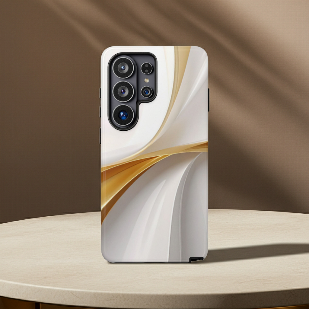 Phone case with a white and gold design on a wooden surface with a brown background