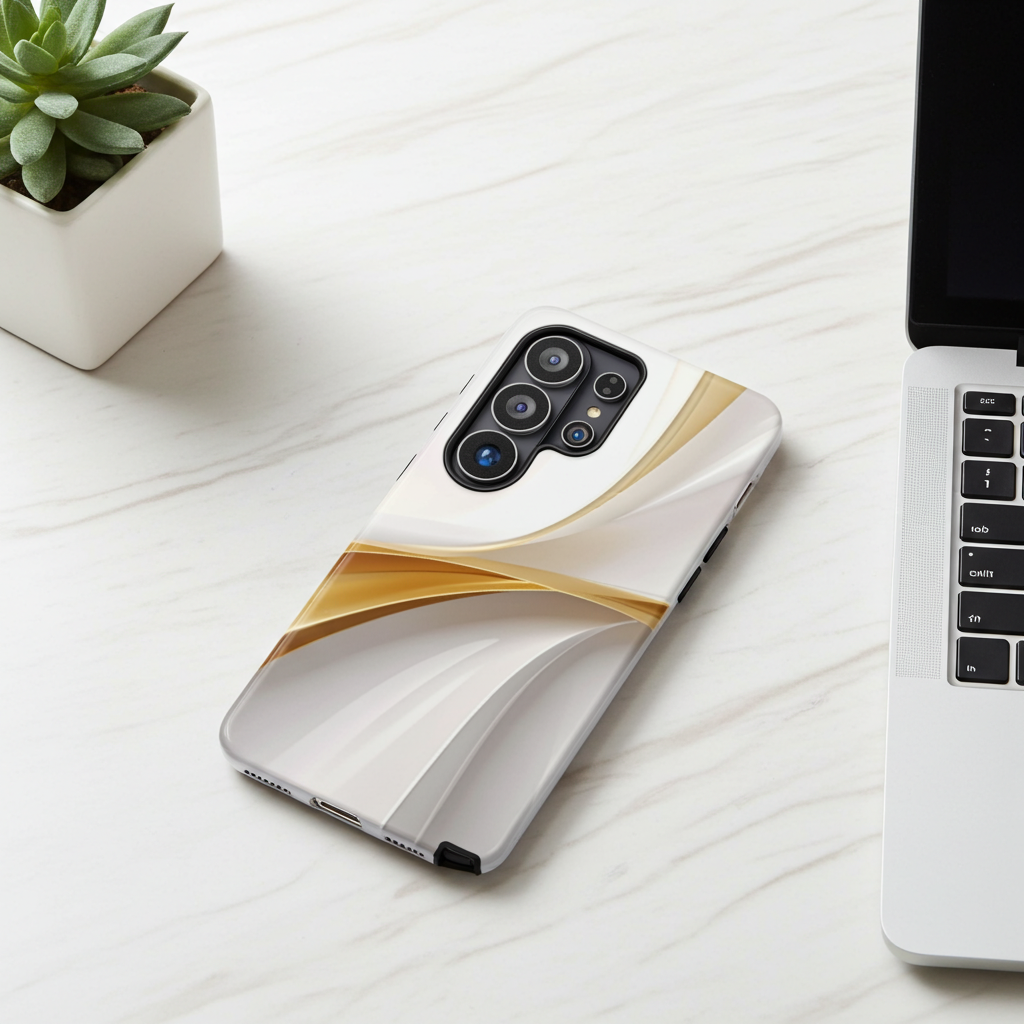 Phone case with gold and white design on a white surface with a laptop and plant.