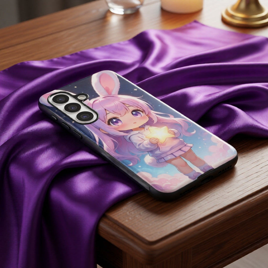 Cute Bunny Girl Phone Case – Kawaii Star Night Aesthetic Hard Shell