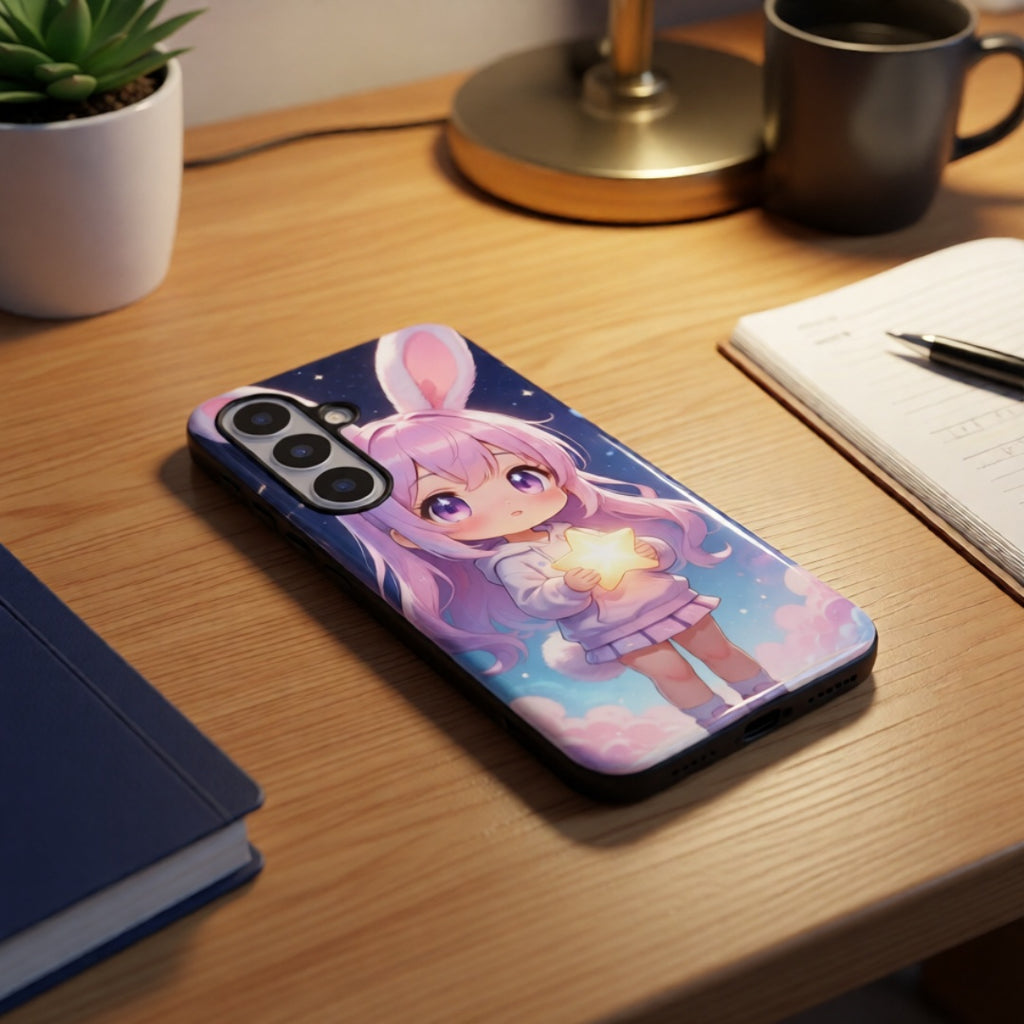 Cute Bunny Girl Phone Case – Kawaii Star Night Aesthetic Hard Shell