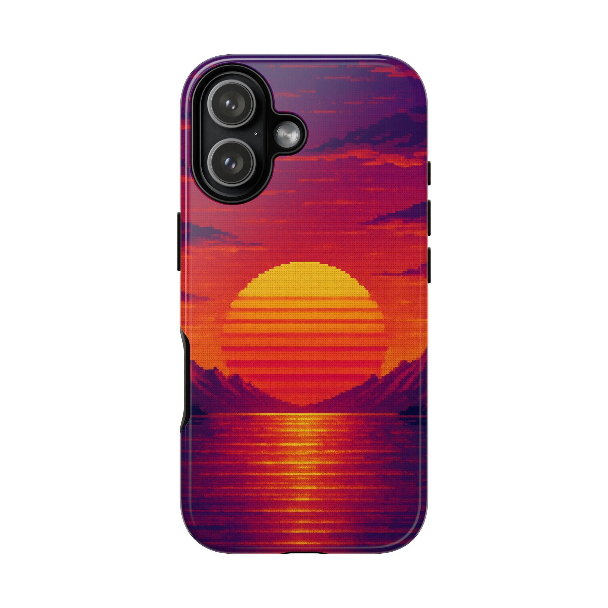 Sunset vaporwave phone case with retro 80s synthwave mountain landscape in glossy finish