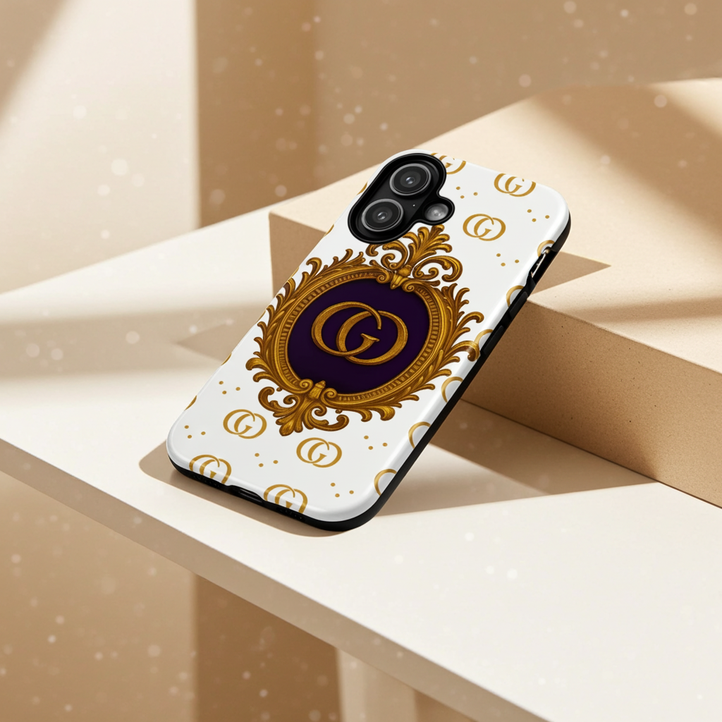 Luxury Monogram Phone Case – GIORMA™ Ornate White Gold Crest Hard Shell